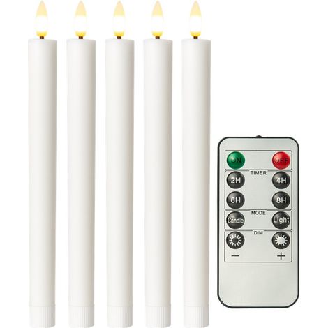 Set de 5 velas led de cera real, blanco, incluye mando a distancia, con mando a distancia, función de temporizador y llama cónica 3d, funciona con pilas, blanco cálido (2400 k), regulable. (1/5)
