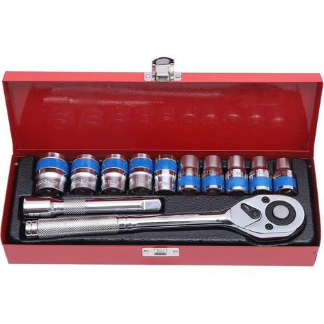 1/2-Zoll-Steckschlüsselsatz, 12-teilig, 10–24 mm, im Stahlgehäuse, metrischer Antrieb mit 24-Zahn-Schnellspannratsche und 5-Zoll-Verlängerungsstange, automatisches Reparaturwerkzeug (1/5)
