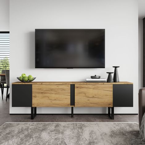 Meuble TV 180x40x55 cm  avec 2 portes niches latérales soft close ,Meuble TV bas jusquà 75 pouces,Panneau de particules,Naturel