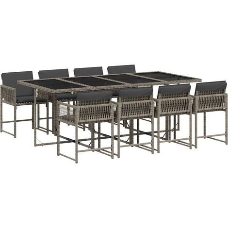9 Piece Garden Dining Set with Cushions Grey Poly Rattan vidaXL (1/5)