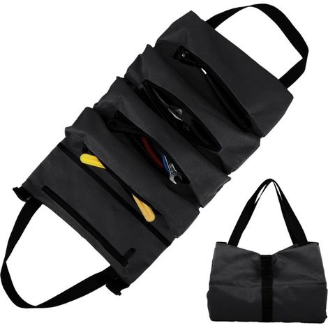 (Noir)Sac à Outils Enroulable en Toile – Trousse à Outils avec 5 Poches Zippées – Pour Électriciens, Plombiers, Charpentiers, Ménage, Voitures et Motos (1/5)