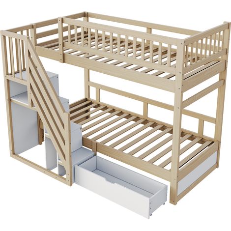 Lit superposé en bois massif 90200 cm, avec barrière de sécurité haute, avec sommier à lattes, échelle de sécurité avec rangement, avec tiroirs de rangement, lit enfant, lit ado, couleur bois (1/5)