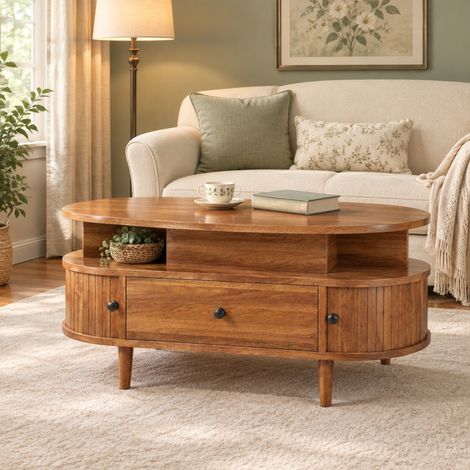 Ovale Couchtisch 105 x 50 x 60,5 cm MDF Nussbaum, höhenverstellbare Platte – MEUBLIV (1/5)