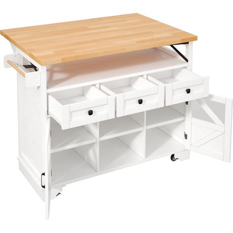 Îlot de cuisine mobile multifonction avec éclairage LED piloté par application, table pliante, 3 tiroirs et 2 portes vitrées (1/5)