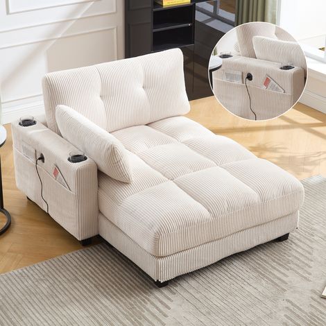 Eifson – Canapé droit 2 places beige en velours rayé – 2 porte-gobelets, poche latérale, port USB – Dimensions 140x112x81 cm (1/5)