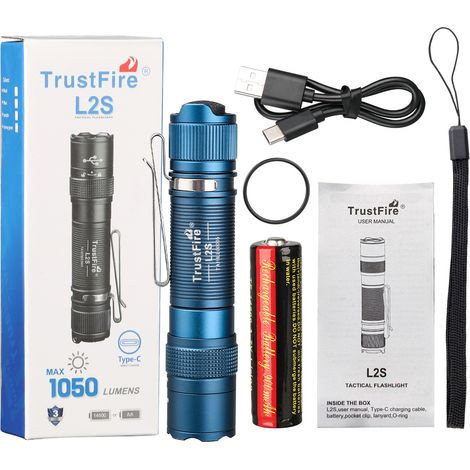 Lampe torche tactique LED (bleue), rechargeable, portée de 175 mètres, étanche, batterie incluse, en alliage d'aluminium. (1/5)