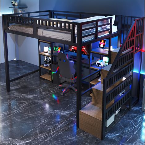 Lit adulte mezzanine 140x200 métal avec bureau noir HAVRYA (1/5)