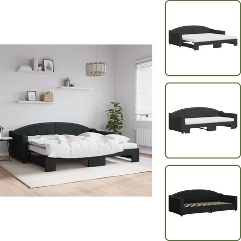 The Living Store Lit de jour avec gigogne et matelas noir 90x200 cm tissu - Canapé-lit (1/5)