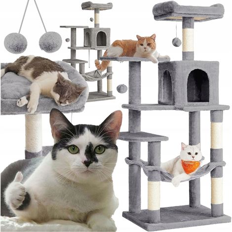 Feandrea Arbre à Chat Hauteur 143 cm, Tour de Jeux pour Chats, avec 4 Poteaux à Griffer, 2 Plateformes, 1 Niche, 1 Hamac, 2 Pompons, en Tissu Peluche, Multi-Niveaux, Gris Clair (1/5)