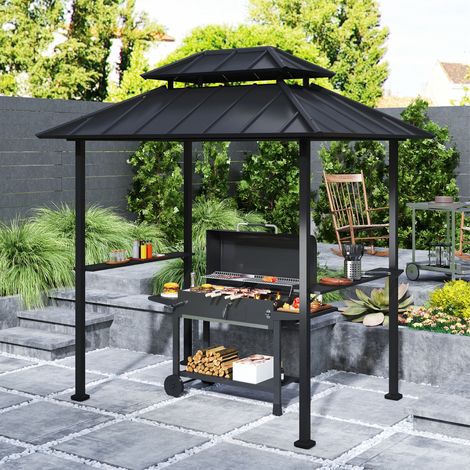 Tonnelle de barbecue abri barbecue à double-toit rigide avec 2 étagères et crochet supérieur, 244x184x258cm, noir (1/5)