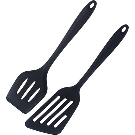 Juego de 2 espátulas de silicona ranuradas para wok, resistentes al calor, antiadherentes, aptas para lavavajillas, para cocinar y hornear (negras) (1/5)
