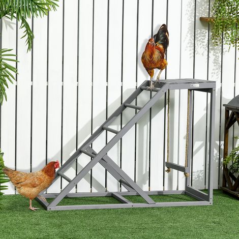 Posatoio in legno per galline, area giochi in legno per galline con altalena, scaletta e piattaforma, 96 x 40 x 71 cm, grigio