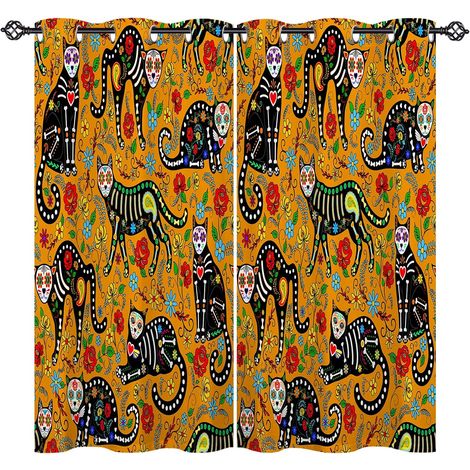 Rideau Occultant Coloré Squelette Chat Fleur Tenture Opaque à Oeillets Draperies Intérieurs Rideau Thermique Isolant pour Maison Chambre Salon Fenetre 2 Pièces L 77 x H 160 cm - 77L X 160H cm (2 Panne (1/5)