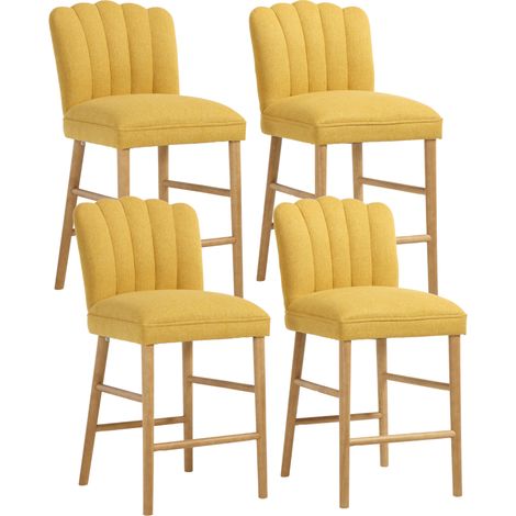 Wahson Lot de 4 Tabourets de Bar en Lin, Tabourets Hauts Pieds en Bois, Chaises de Bar Moderne avec Dossier Matelassé en Coquillage pour Cuisine, Jaune