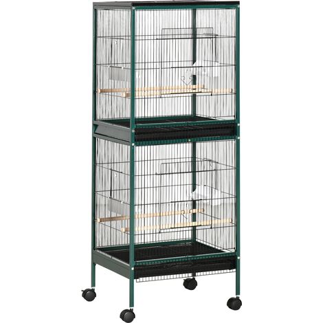 Grande cage à oiseaux double sur support avec mangeoires, perchoirs, plateau amovible et roues – Dimensions : 51,5 cm (L) x 50 cm (l) x 140 cm (H) (1/5)