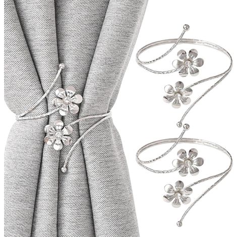 Embrasses de rideaux à fleurs pliables en métal argenté, 2 pièces, supports de rideaux décoratifs pour la décoration de la maison et du bureau