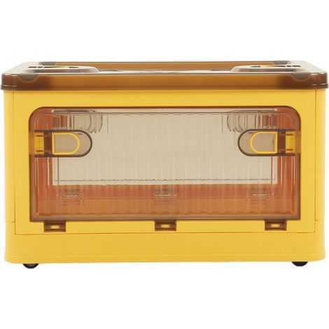 Boîte de rangement pliable en plastique – Petit format – Porte latérale – Transparent – Jaune – Roulettes amovibles (1/5)