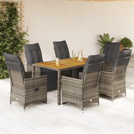 7-tlg. Garten-Bistro-Set mit Kissen Grau Poly Rattan (1/5)