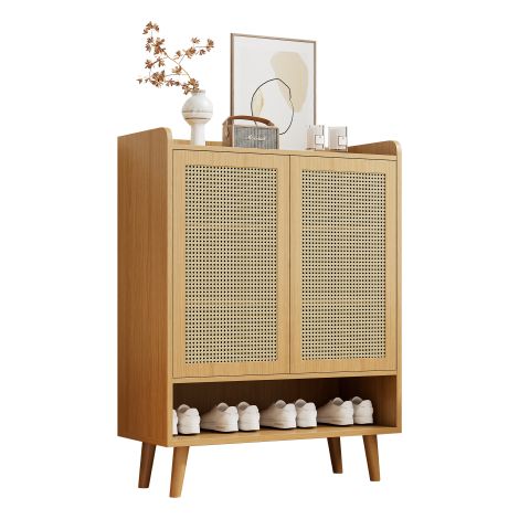 bellebio-Meuble à chaussures en rotin naturel, coffre à chaussures/étagère à chaussures avec 2 portes et 5 étagères, pour l'entrée. Poignées en bois et pieds en bois massif. Dimensions : L 80 x H 105  (1/5)