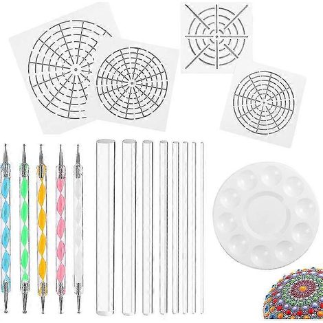 Ensemble de 18 outils de pointillage pour mandala comprenant 4 pochoirs mandala, 8 bâtonnets acryliques, un plateau à peinture et 5 pinceaux doubles. (1/5)