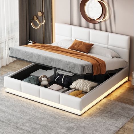 Cama tapizada 160/200 cm blanca con LED y arcón, cabecero regulable y somier de láminas incluido (1/5)