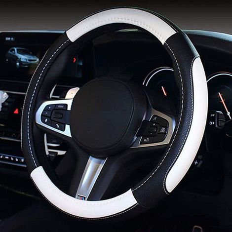 Leather Car Steering Wheel Cover, Universal 38cm Car Steering Wheel Cover, Curved Sports Car Steering Wheel Protector Cover (Black-White)