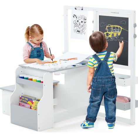 COSTWAY Tavolo Bambini con Sedie 3 in 1, Set Tavolo e Sedie per Bambini in Legno 114 x 81 x 100cm con Lavagna Cancellabile e Regolabile, Libreria, Scaffale e Accessori per l'Arte (Bianco e Grigio) (1/5)