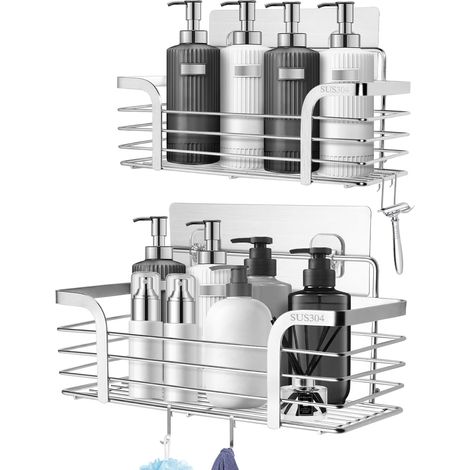 Etagère de Douche sans Perçage Pack de 2, Organisateur de Salle de Bain en Acier Inoxydable SUS304 avec 4 Crochets, Support de Shampoing Organisateur de Douche pour la Salle de Bain (1/5)