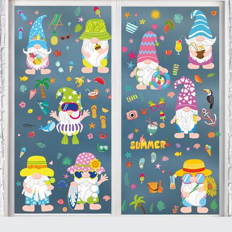 9 láminas de pegatinas de verano para ventanas, doble cara con estampado de acuarela, PVC reutilizable para el hogar, el aula y fiestas. (1/5)