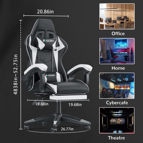 Ergonomic PU Leather Racing Gaming Chair with Footrest 155° Reclining Backrest Swivel Office Chair Black+ White (1/2)