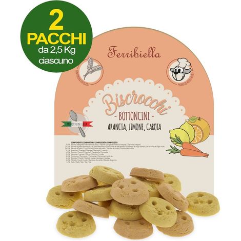 Biscrocchi Bottoncini biscuits à l'orange, à la carotte et au citron pour chiens 2 paquets de 2,5 kg chacun (1/3)