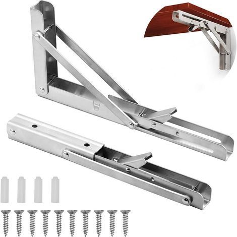 2pcs Équerre Pliante 25cm/10in, Support d' Étagères Pliants en Acier Inoxydable, Equerre Etagères, Lits et Meubles, Charge : 120kg max, Bras Court (1/5)