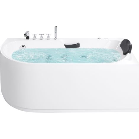 Bañera de hidromasaje esquinera izquierda acrílica accesorios de acero inoxidable plateado reposacabezas 170 x 80 cm blanca Sayula (1/5)