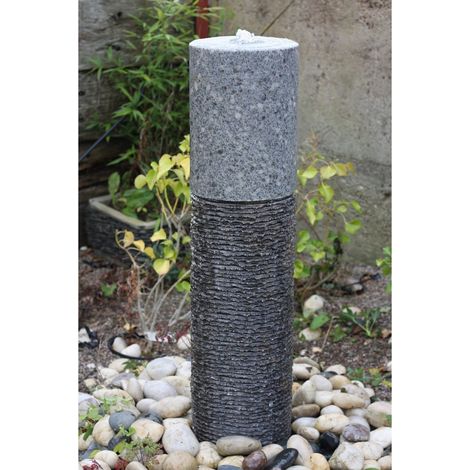 Two Tone Granite Column Water Feature with Steel Pole - 22cm Dia x 95cm H - Grey/Dark Grey
