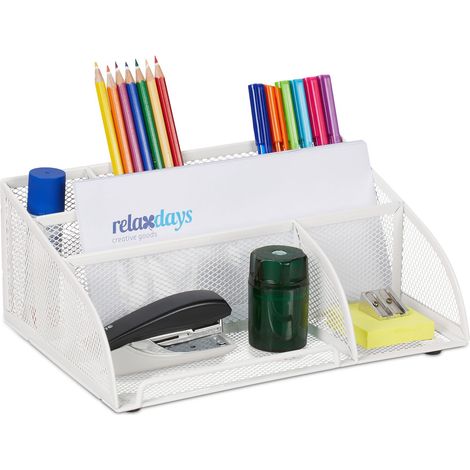 Relaxdays Portaoggetti da Scrivania, 5 Box Portatutto, Design Metallo, Portalettere, Portafoglietti, Portapenne, Bianco