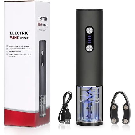 Tire-bouchon électrique avec coupe-capsule, indicateur de niveau de batterie, recharge USB Type-C, portable, design élégant, 4,3 cm x 19,6 cm, gris mat (1/5)