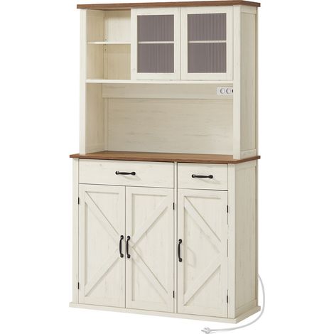 Vasagle – Meuble de rangement avec lumières – Placard de cuisine avec multiprise intégrée – Étagères réglables – 39,5 x 106,5 x 180,6 cm – Blanc rustique et marron miel