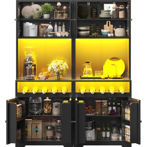 Lot de 2 buffets hauts noirs 180 cm avec LED RGB, portes en verre et porte-bouteilles, étagères réglables (1/5)