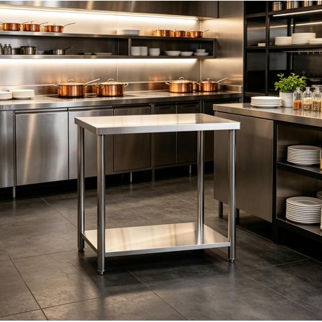 Mesa de trabajo de acero inoxidable 90x60x86 cm con estante para cocina FloraGrace (1/5)