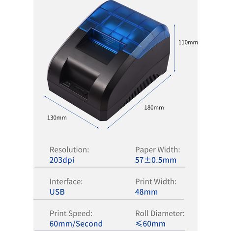 Imprimante thermique de reçus 58 mm, de bureau, avec connexion USB et Bluetooth, impression de codes-barres et de logos, 1 rouleau de papier inclus, compatible iOS, Android et Windows, idéale pour les (1/2)