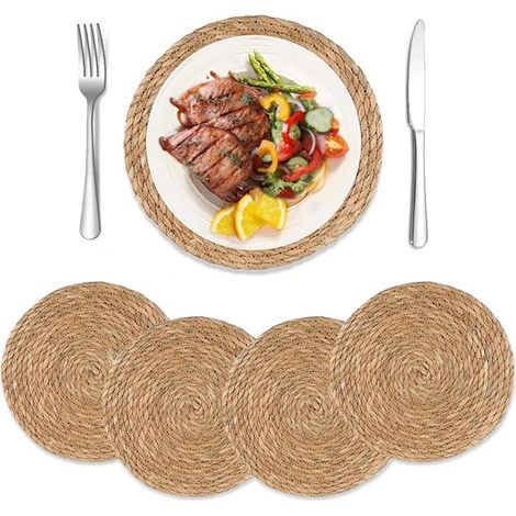 Stück Tischset Rund Geflochten, 30cm Natürliche Platzset Rund aus Schilf, Rustikal Vintage Untersetzer Teller, Runde Platzdeckchen, Hitzebeständig und rutschfest, Boho Deko für Esstisch (1/5)