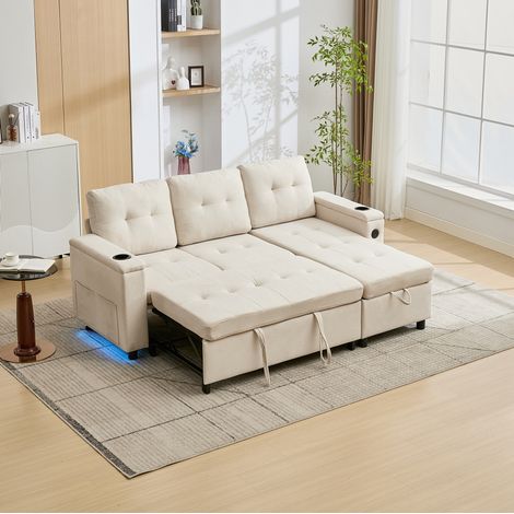 Sofá cama esquinero plegable de 3 plazas beige con almacenaje LED y puertos USB C (1/5)