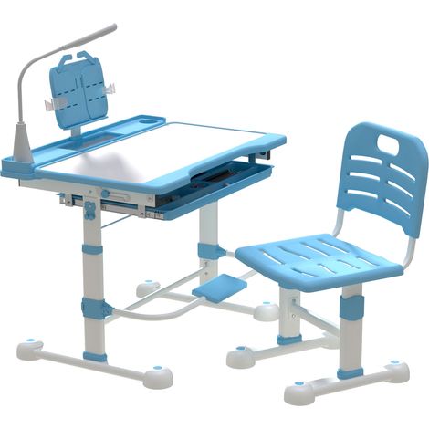 Ensemble Bureau et Chaise Enfant 3-12 Ans - Hauteur Réglable Lampe LED Incluse, Plateau Inclinable 45° Support de Lecture Tiroir et Porte-gobelet Bleu (1/5)