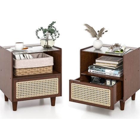 Comodino in bambù e rattan con cassetto e gambe in legno massello Tavolino da salotto boho 43x35x50cm Marrone 2 Pezzi (1/3)