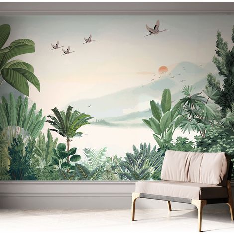 Papier peint autocollant décoratif à motifs pour salon chambre et bureau Tapete adhésif pour décoration Oasis tropicale 312x219 cm (1/5)