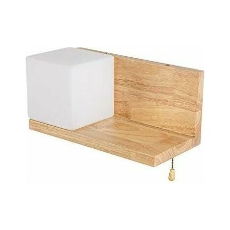 Lampe de chevet créative en bois massif avec étagère murale moderne pour décoration d'art maison chambre salon couloir lumière E27 base avec abat-jour en verre avec blanc chaud (1/4)