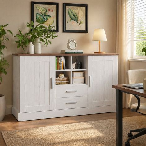 Aparador 140 x 40 x 79,5 cm, 2 puertas, 2 cajones, acabado madera blanco y marrón DESVIAE (1/5)