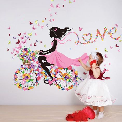 Sticker mural - Fille à vélo avec fleurs et papillons - 6090cm (1/5)