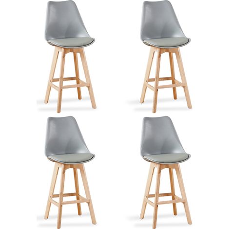 Designetsamaison – Lot de 4 tabourets de bar gris – Hauteur d'assise 107 cm – Plastique renforcé – Design scandinave minimaliste – Pieds en bois (1/2)