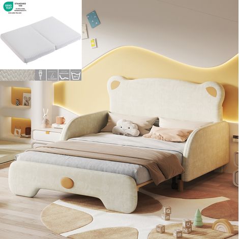 Letto estraibile bambini 140x110 cm e 140x200 cm a forma di orso, in velluto beige, con materasso in schiuma bianco incluso (1/5)